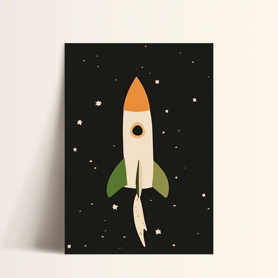 Cute Rocket Night Sky Stars Space Modern Nursery Kids Art Poster