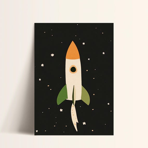 Space Rocket Art Print Night Sky Nursery Modern Kids Room Decor Stars Wall Art Space Theme