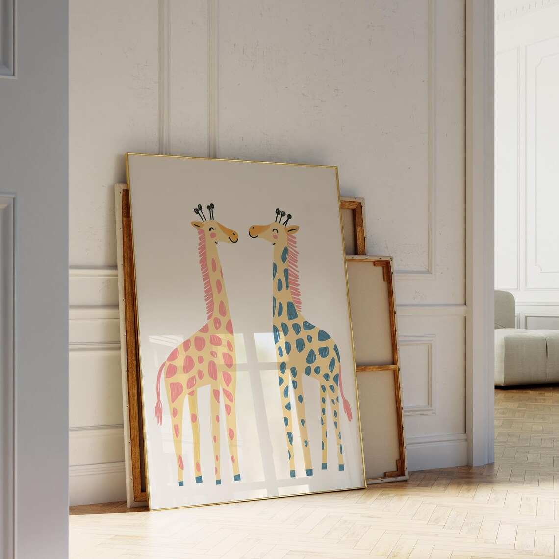 Sweet Giraffe Couple Pink Teal Safari Nursery Kids Room Art Print - Image 5