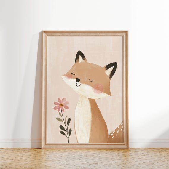 Fox With Flower Wall Art Nursery Animal Print Woodland Theme Decor Kids Room Poster Fox Baby Room Art Pink Girls Room Decor