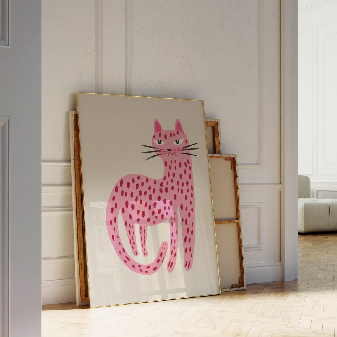Pink Spotted Leopard Cat Playful Nursery Kids Room Art Poster - Image 5