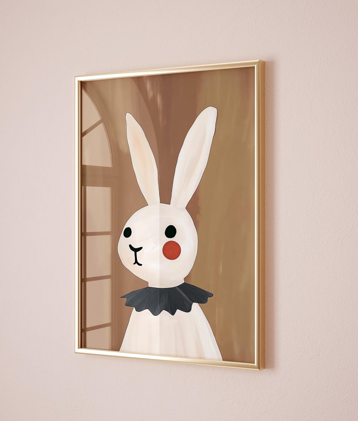 White Rabbit Red Cheek Ruffle Collar Mocha Nursery Animal Poster