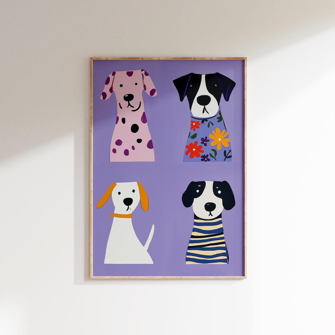 Whimsical Dog Print Four Floral Spotted Pups Lavender Nursery Poster - Image 2