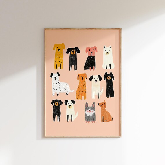 Twelve Cute Dogs Grid Fun Colorful Cartoon Puppy Breeds Poster