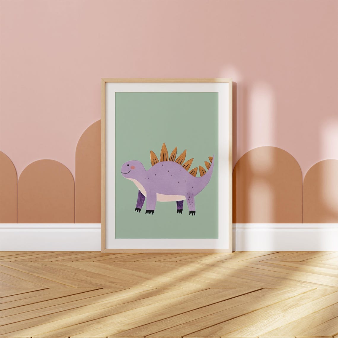 Purple Stegosaurus Orange Plates Friendly Dinosaur Nursery Poster - Image 2