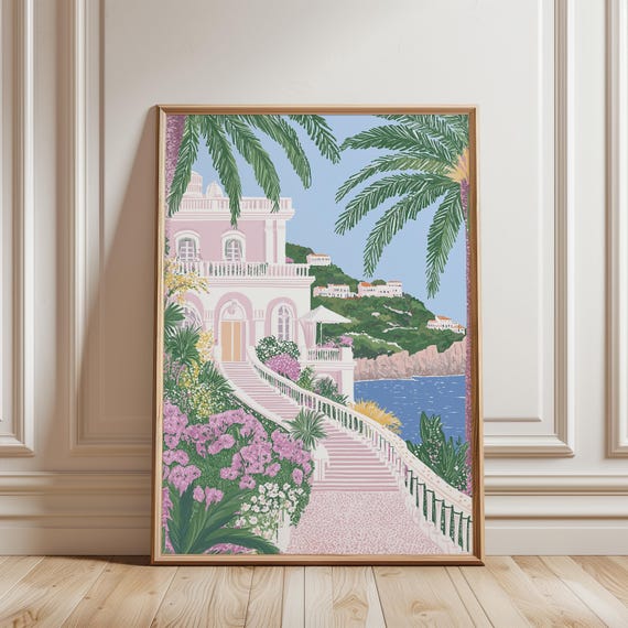 Pink Mediterranean Villa Wall Art Print Coastal Garden Palm Tree Architecture Poster Summer Home Decor