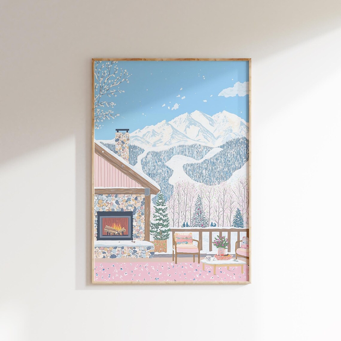 Winter Cabin Porch Fireplace Snowy Mountain Christmas Cozy Poster - Image 2
