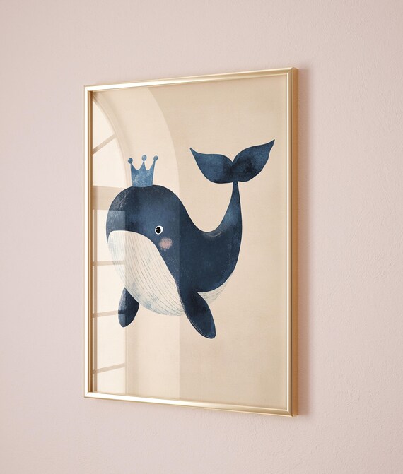 Navy Whale With Crown Watercolor Kids Room Print Ocean Nursery Decor Art