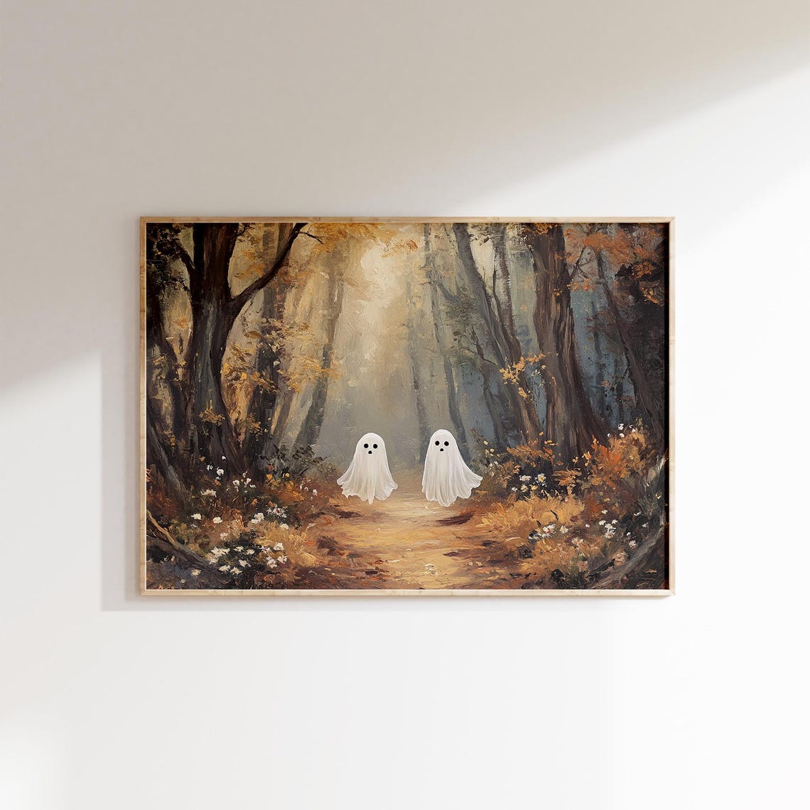 Halloween Sunlit Forest Ghosts Art Poster Whimsical Spooky Decor
