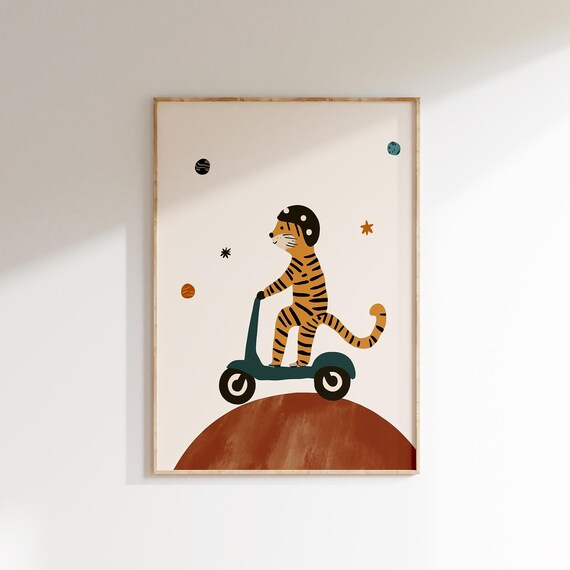 Tiger Astronaut Riding Scooter On Planet Space Kids Nursery Poster