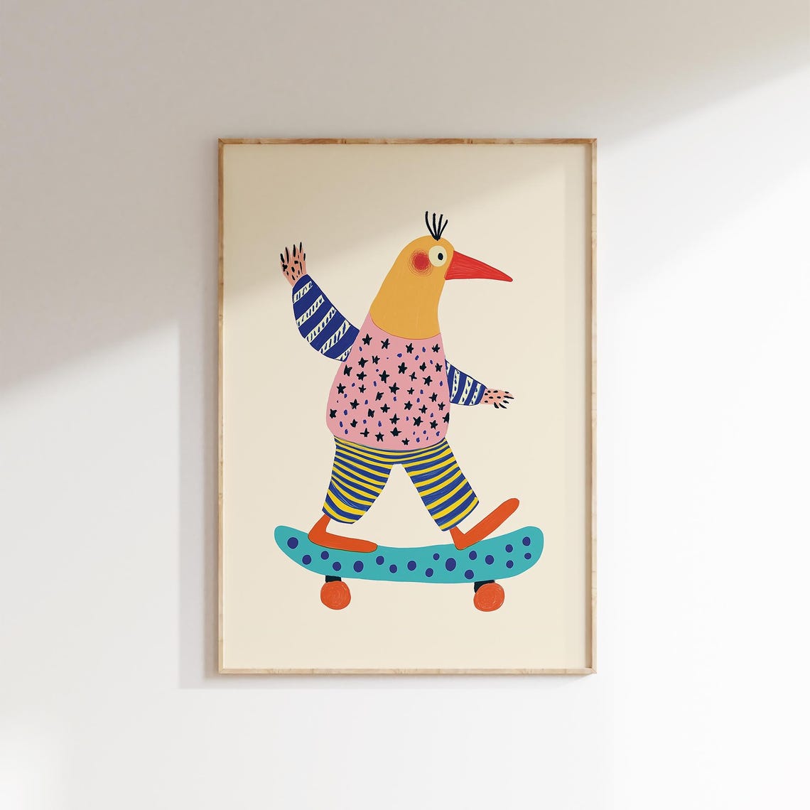 Cool Skateboarding Bird Colorful Kids Room Animal Art Poster