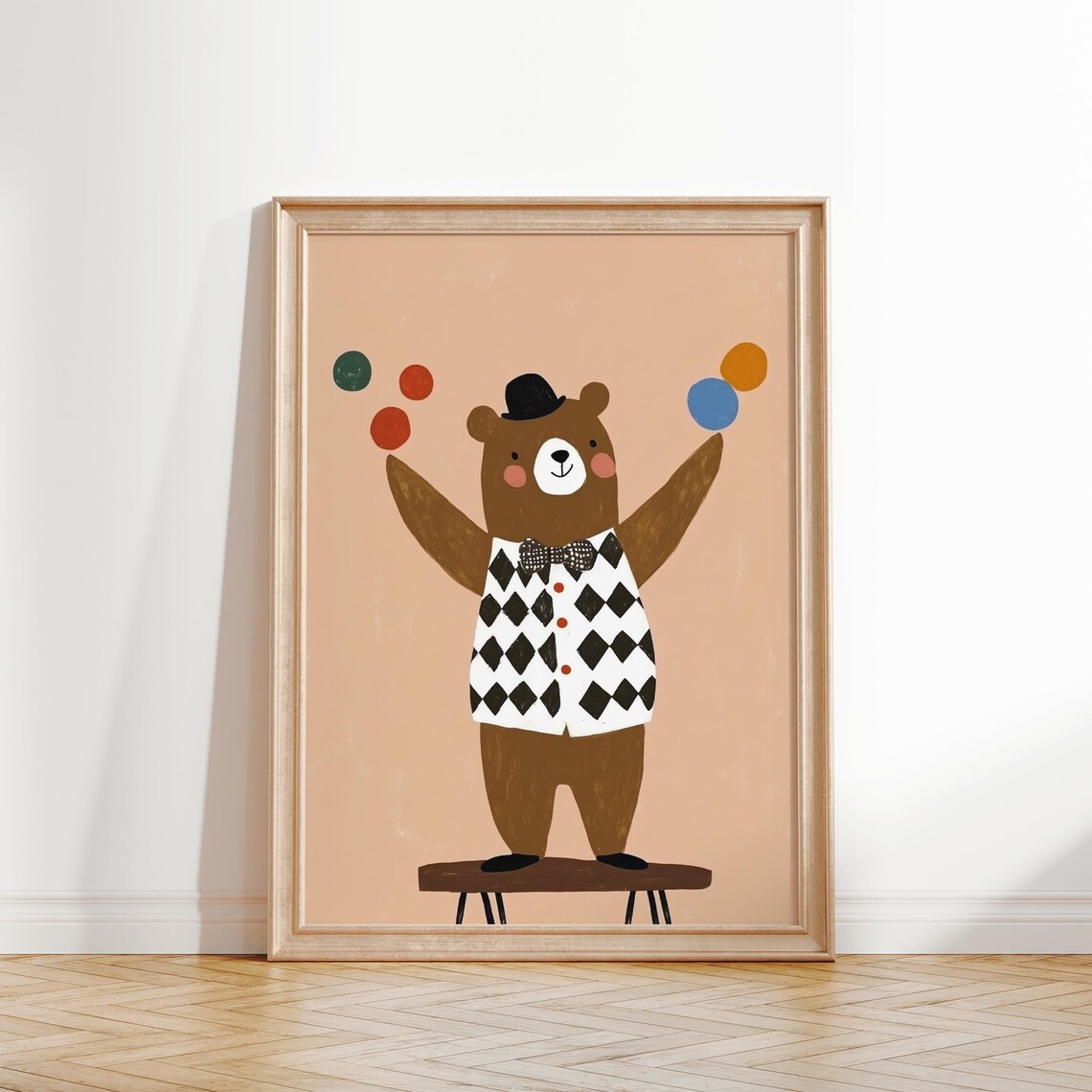 Circus Bear Juggler in Bowler Hat Nursery Kids Room Wall Art - Image 2