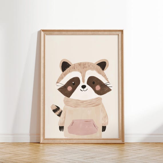 Raccoon Wall Art Woodland Animal Print Nursery Room Decor Kids Room Poster Cute Raccoon Woodland Theme Art