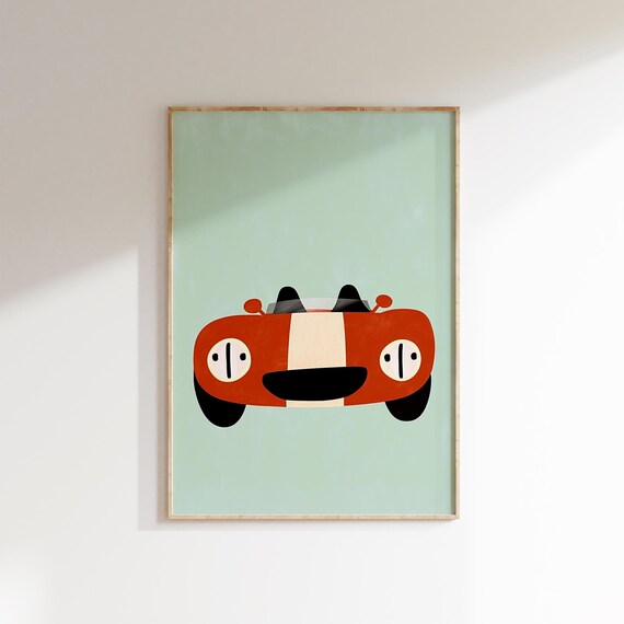 Red Vintage Race Car Mint Green Boys Room Nursery Kids Poster