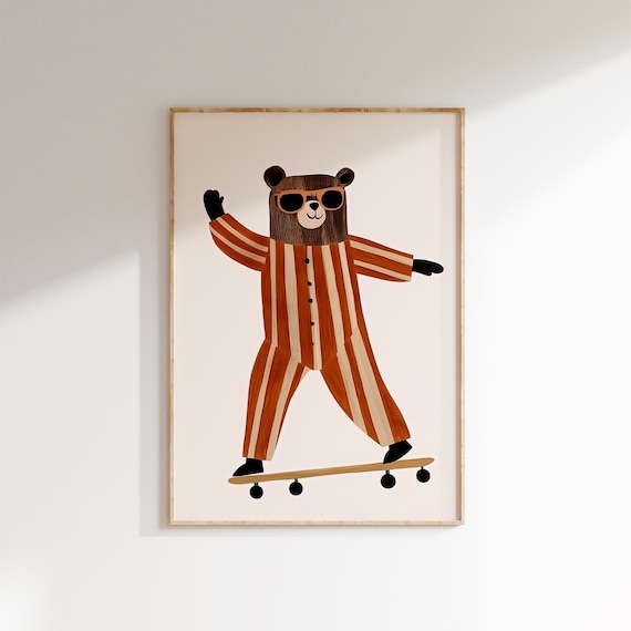 Skateboarding Bear Sunglasses Striped Pajamas Whimsical Nursery Wall Art