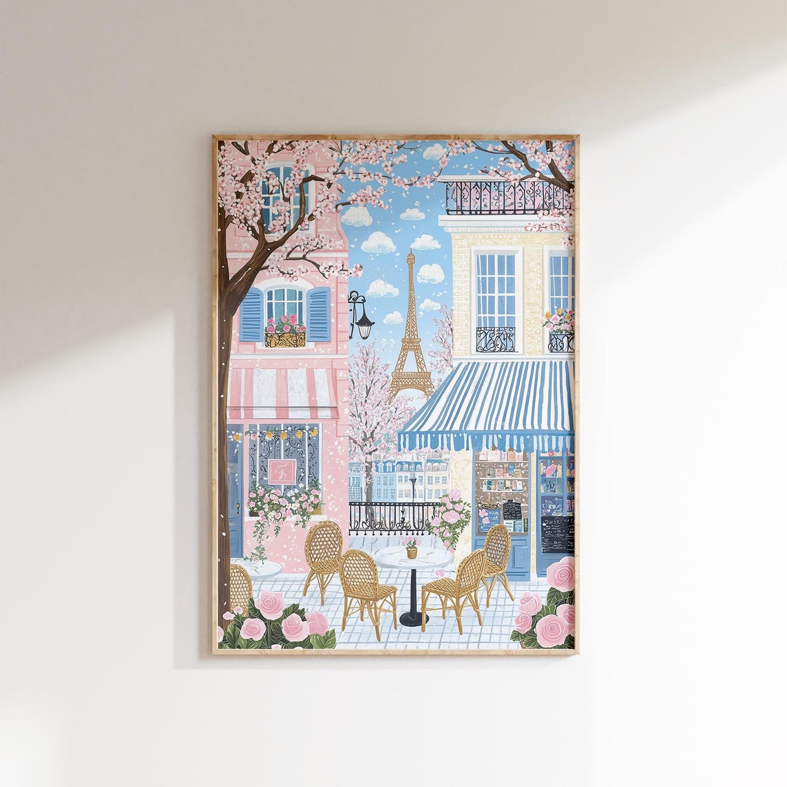 Parisian Cafe Street Eiffel Tower Cherry Blossoms Spring Poster - Image 2