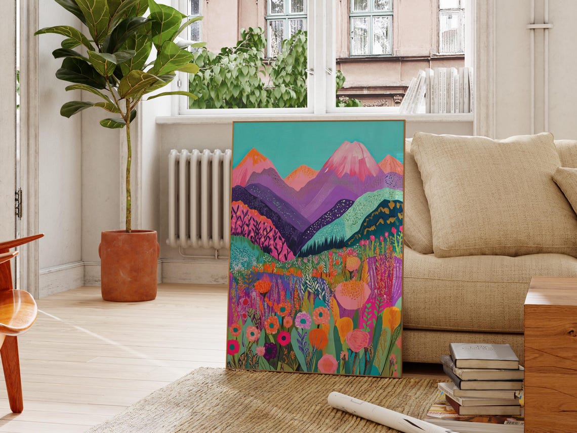Pink Purple Peaks Turquoise Sky Wildflower Meadow Art Poster - Image 2