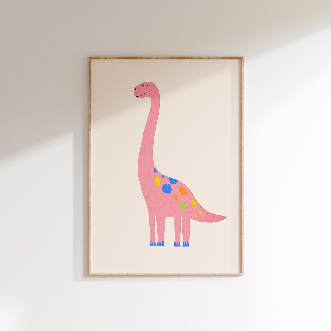 Cute Pink Dinosaur Colorful Spots Long Neck Kids Room Dino Poster