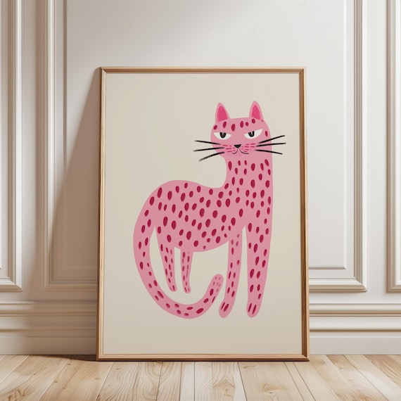 Pink Spotted Leopard Cat Playful Nursery Kids Room Art Poster