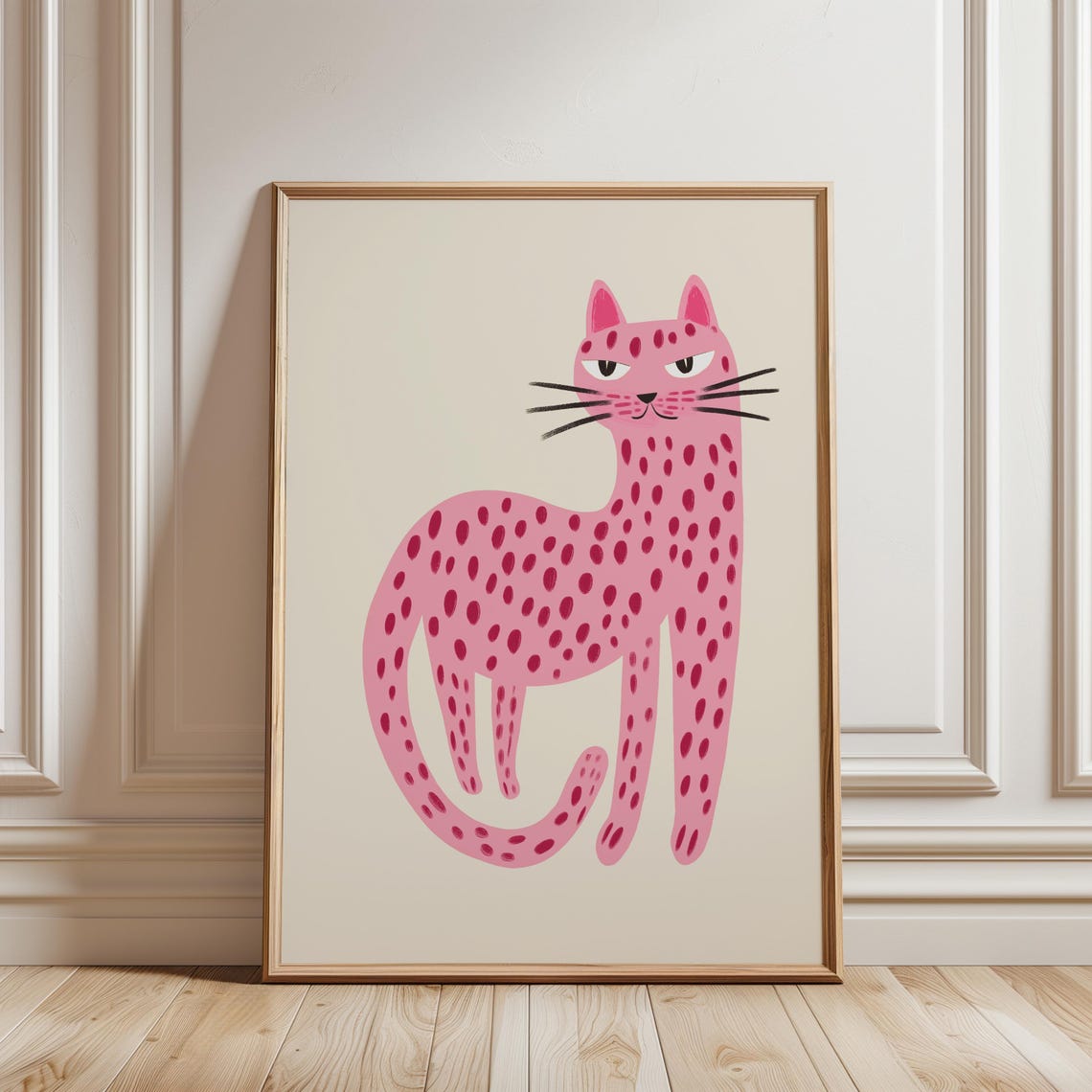 Pink Spotted Leopard Cat Playful Nursery Kids Room Art Poster