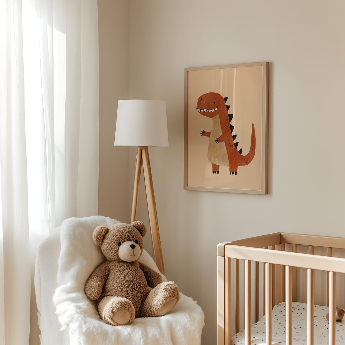 Smiling Orange T Rex Dinosaur Beige Nursery Kids Room Poster - Image 3