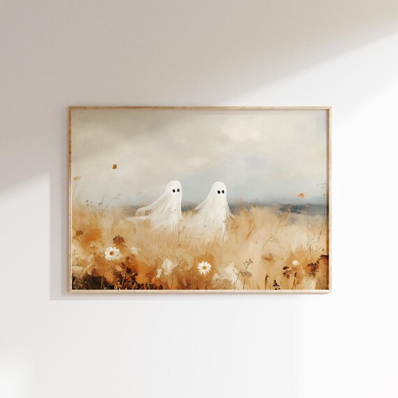 Two Cute Ghosts Drifting Through a Golden Autumn Wheat Field Art Poster