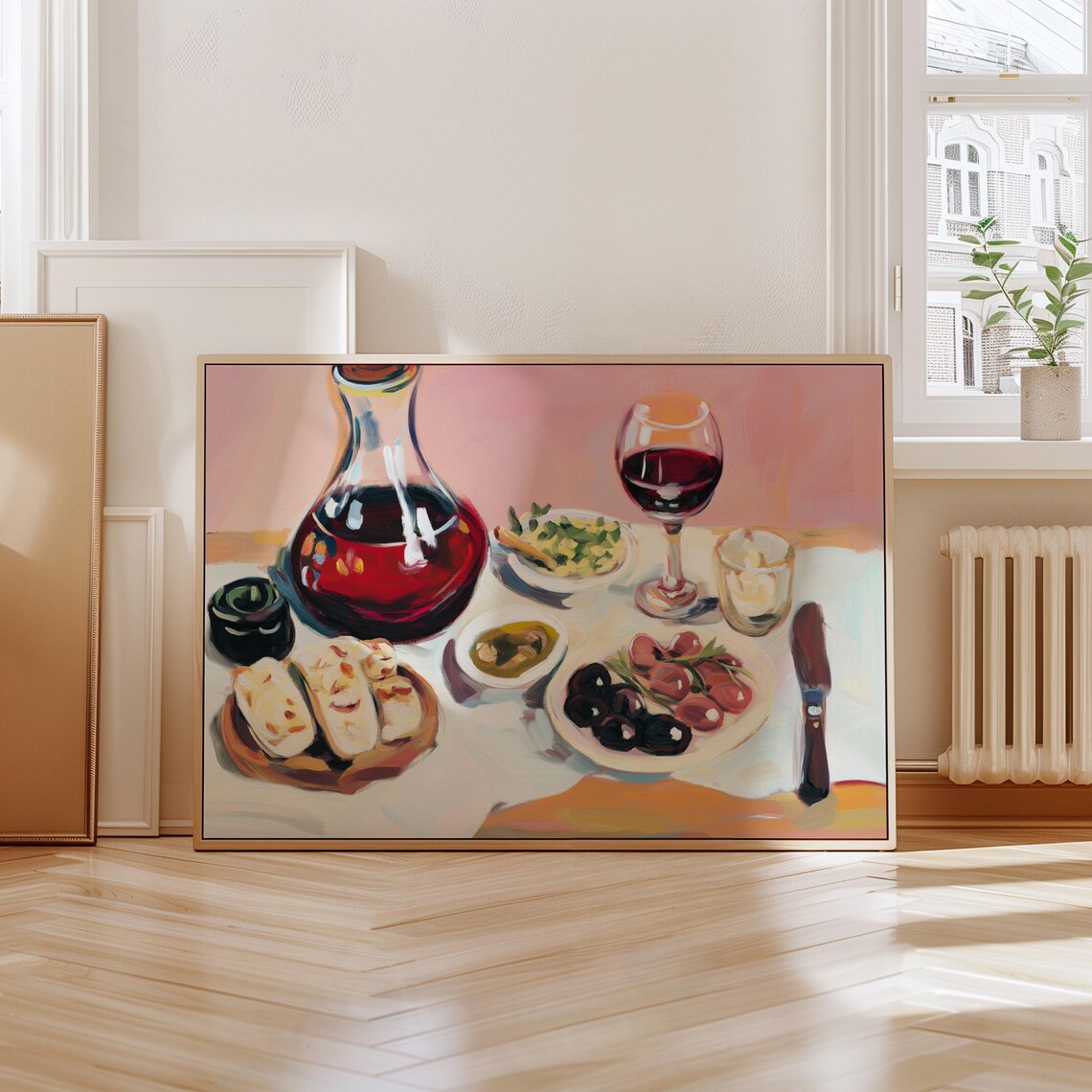 Red Wine Decanter Tapas Bread Olives Cheese Table Painting Kitchen Wall Art - Image 2
