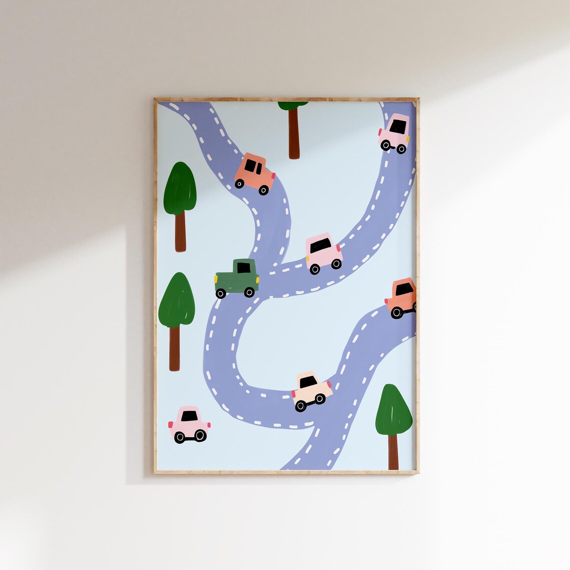 Car Road Map Print Winding Purple Roads Colorful Cars Kids Room Poster