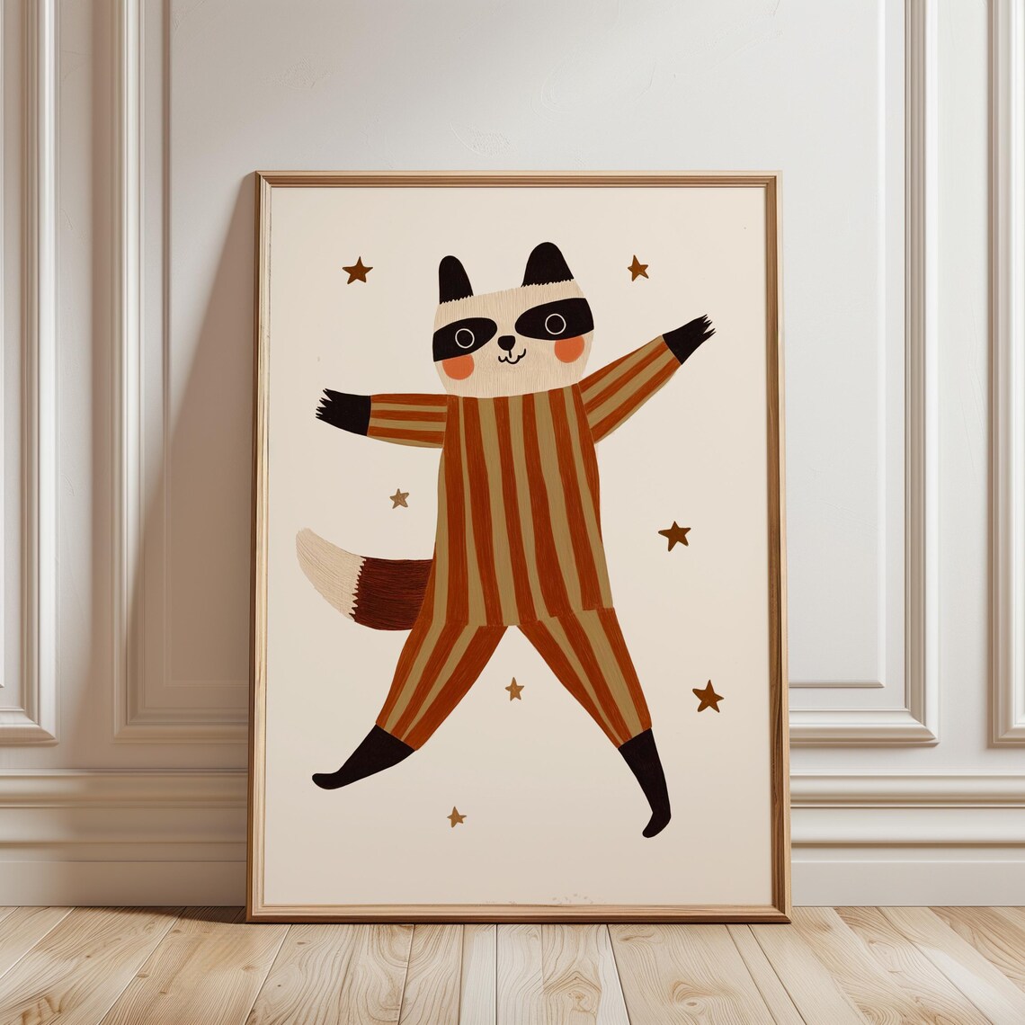Dancing Raccoon Striped Pajamas Stars Whimsical Nursery Wall Art Print