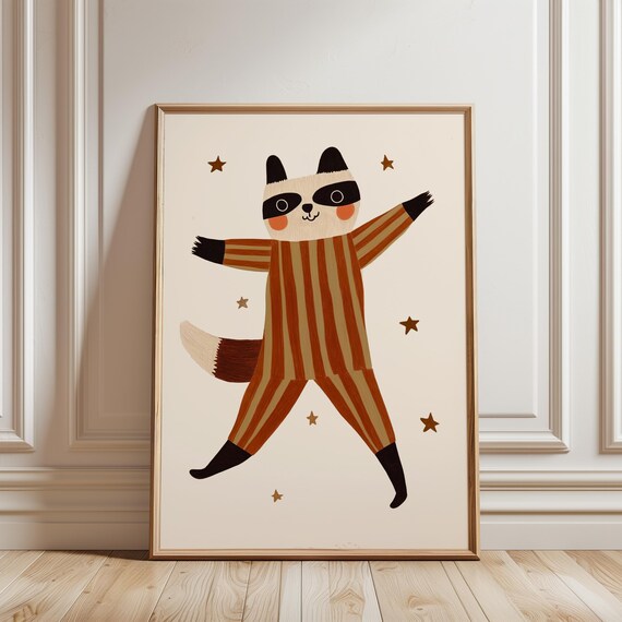 Dancing Raccoon Striped Pajamas Stars Whimsical Nursery Wall Art Print