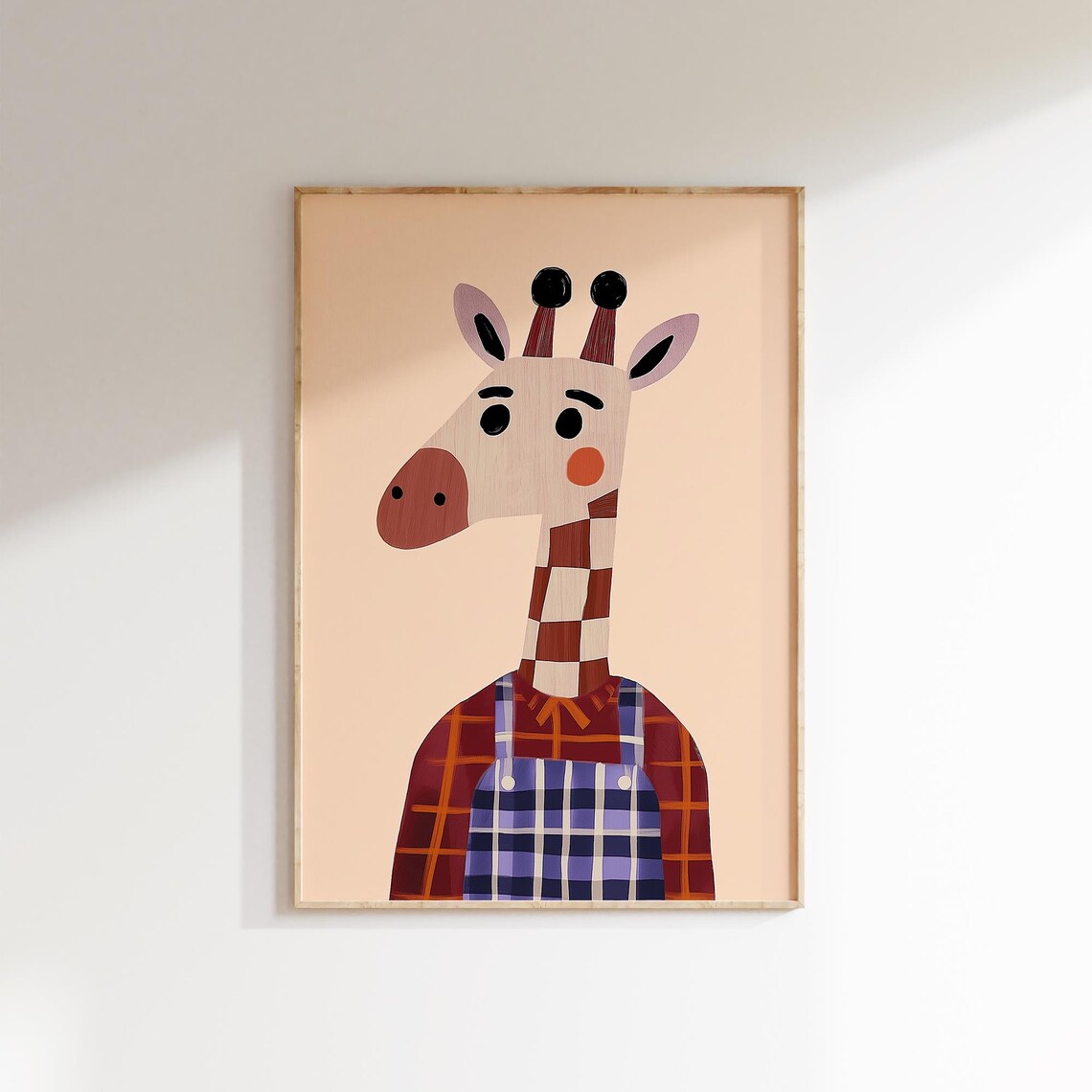 Cute Giraffe Blue Plaid Overalls Rust Shirt Safari Nursery Wall Art Print
