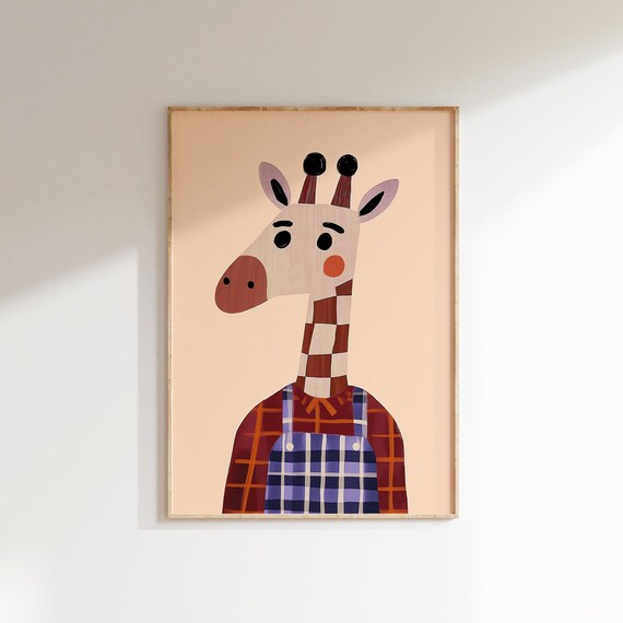 Cute Giraffe Blue Plaid Overalls Rust Shirt Safari Nursery Wall Art Print