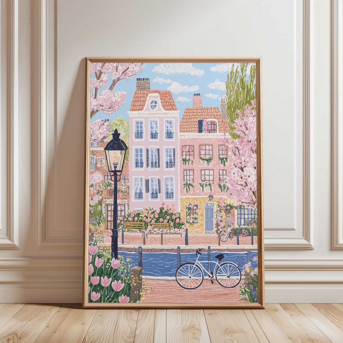 Amsterdam Spring Canal Houses Bicycle Tulips Lamppost Poster
