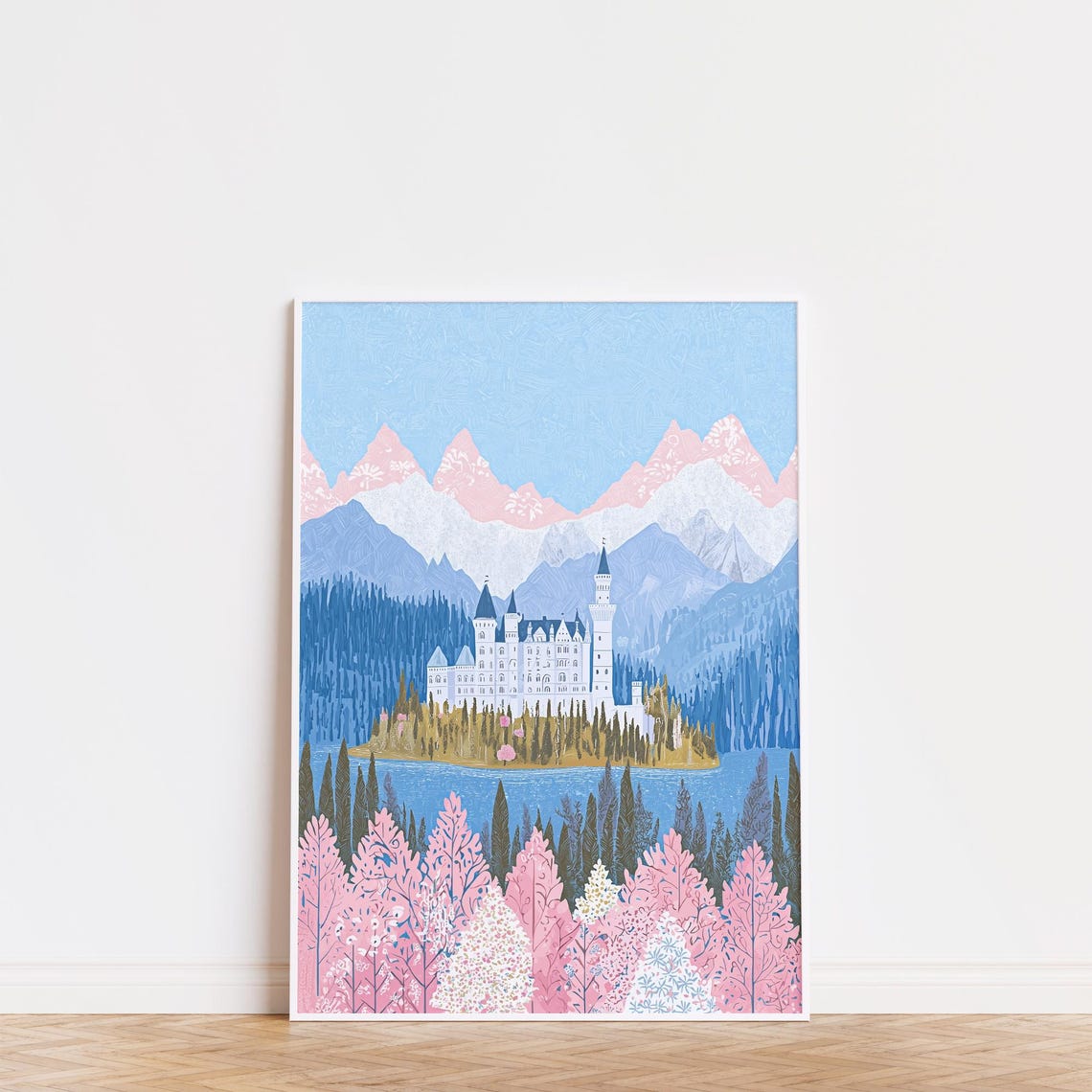 Neuschwanstein Castle Wall Art Print Pink Spring German Fairytale Architecture Poster Mountain Lake Decor - Image 3