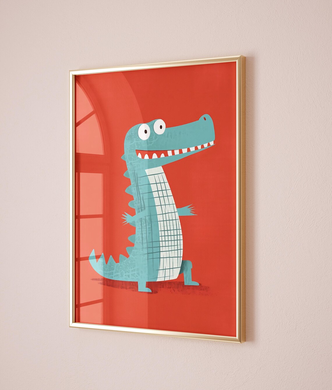 Happy Teal Alligator Smiling Bold Red Background Fun Kids Poster - Image 2