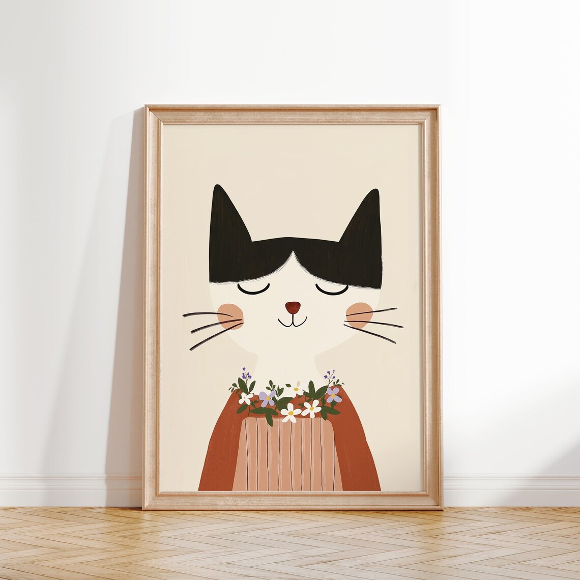 Sweet Serene Cat With Floral Collar Nursery Kids Animal Poster - Image 3