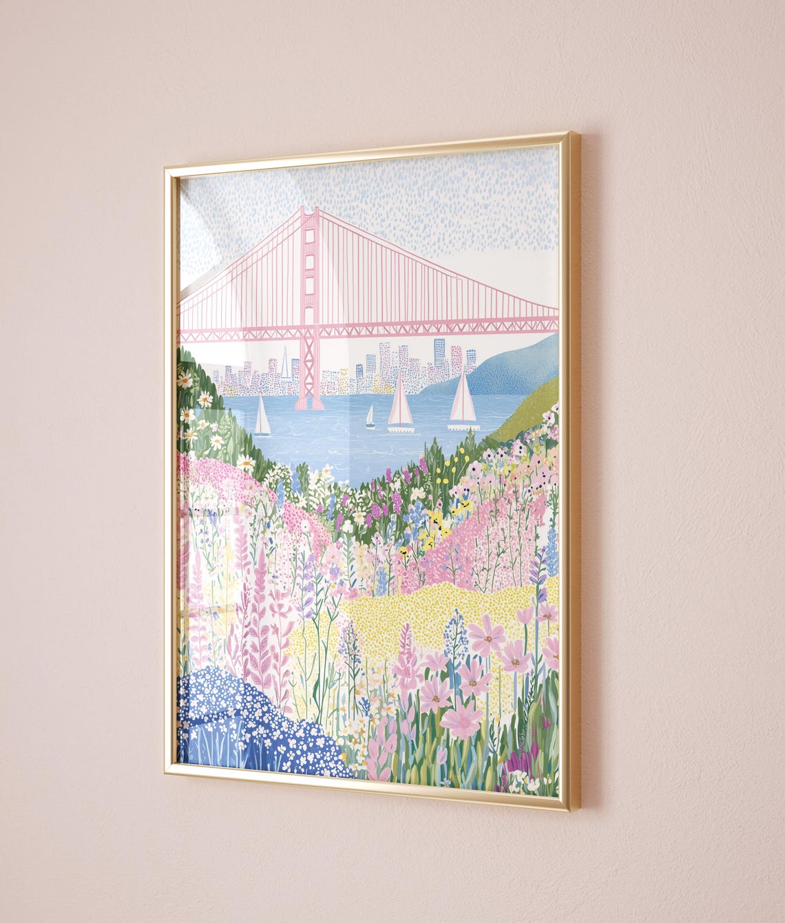 San Francisco Golden Gate Bridge Wildflower Field Sailboats Poster - Image 3