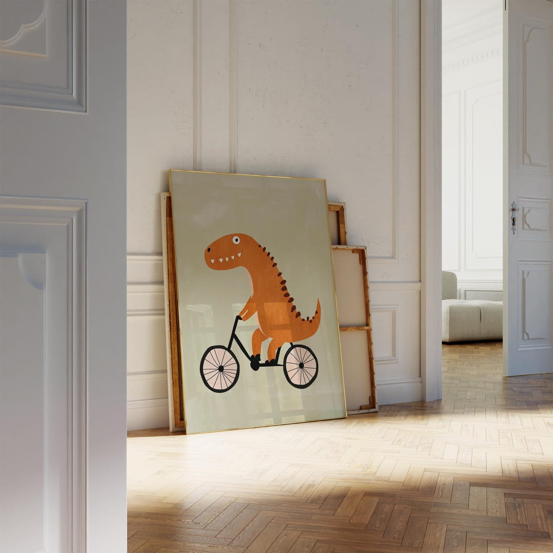 Orange T Rex Dinosaur Riding Bicycle Kids Room Playroom Poster - Image 2
