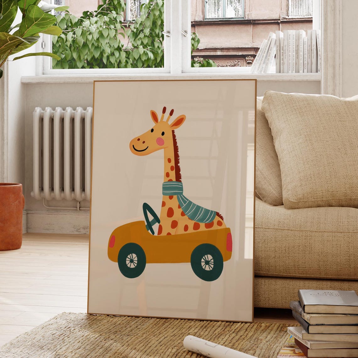 Happy Giraffe Driving Vintage Car Fun Safari Nursery Art Poster - Image 4