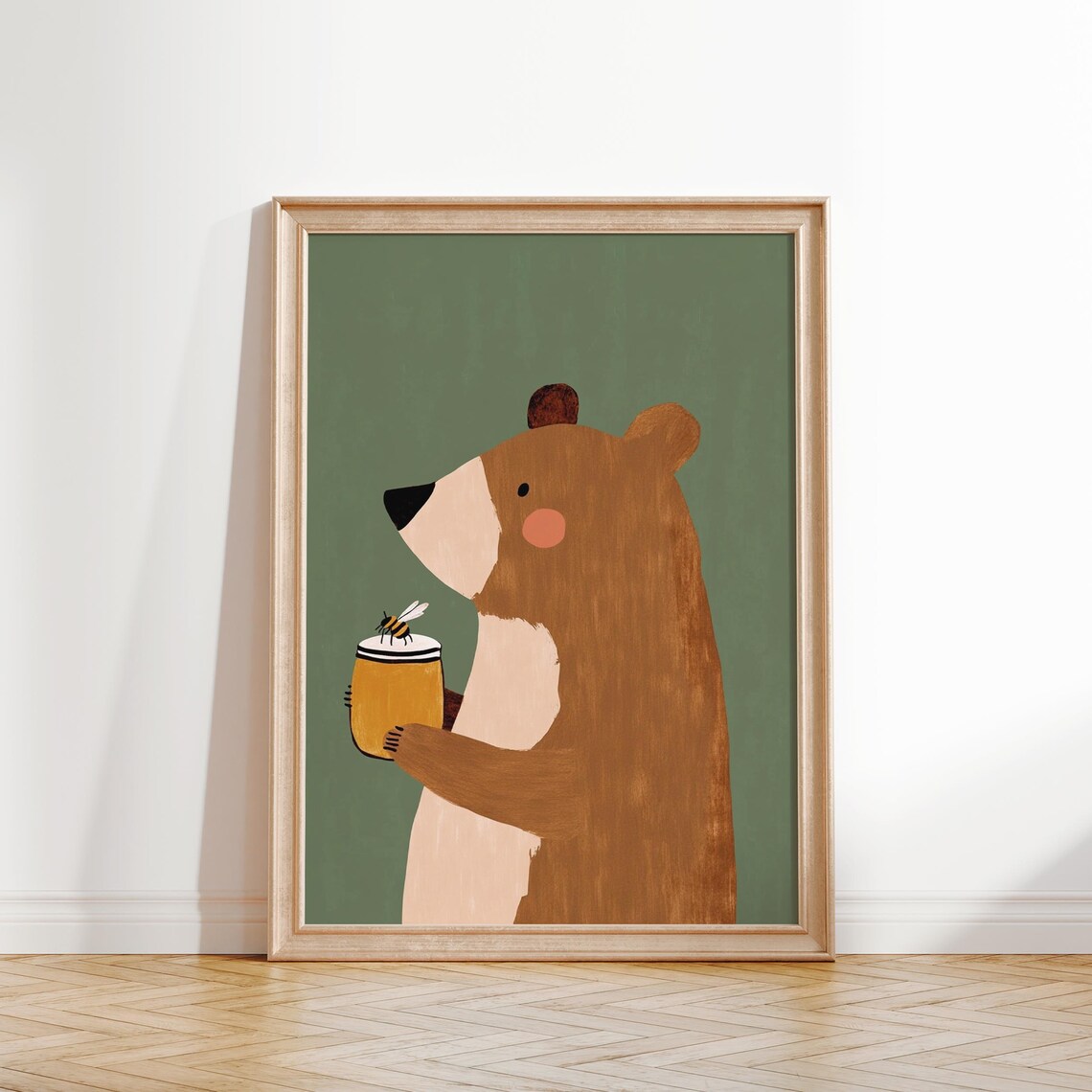 Sweet Bear Holding Honey Pot And Bee Nursery Kids Animal Poster - Image 3