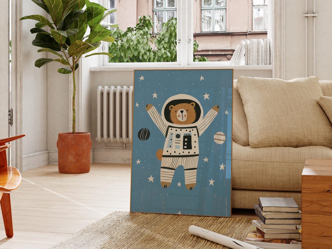 Astronaut Bear Poster Space Nursery Wall Art Boys Room Space Decor Kids Room Art Playroom Decor