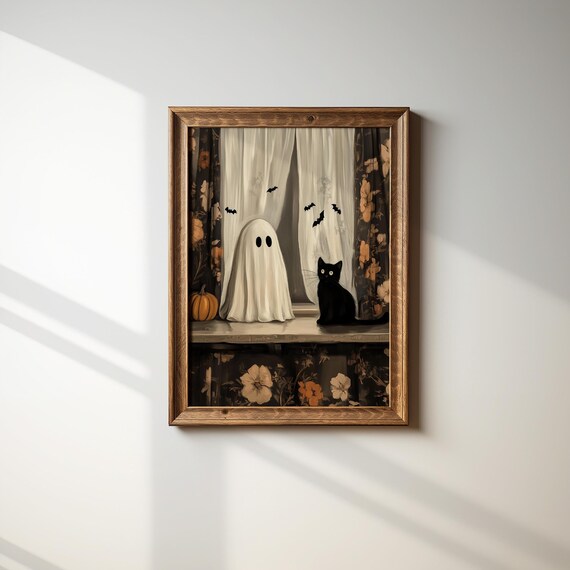 Ghost And Black Cat In Window With Bats Cozy Vintage Halloween Poster