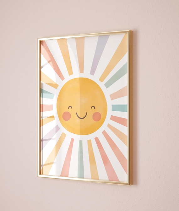 Happy Smiling Sun Pastel Rays Kids Room Nursery Poster Art Decor