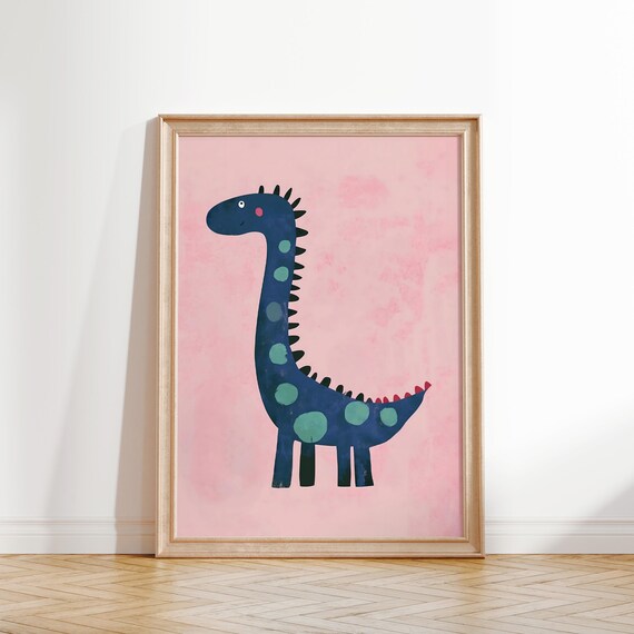 Navy Blue Spotted Dinosaur Pink Background Kids Room Nursery Art Poster