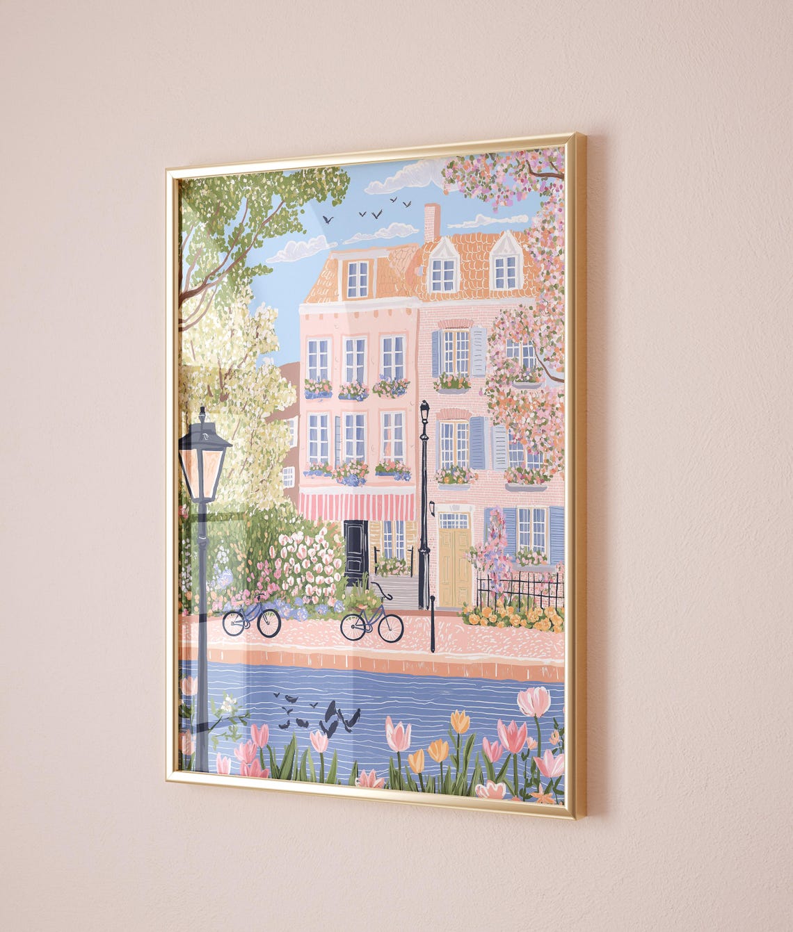 Amsterdam Canal Spring Tulips Bicycles Pink Houses Netherlands Poster - Image 2