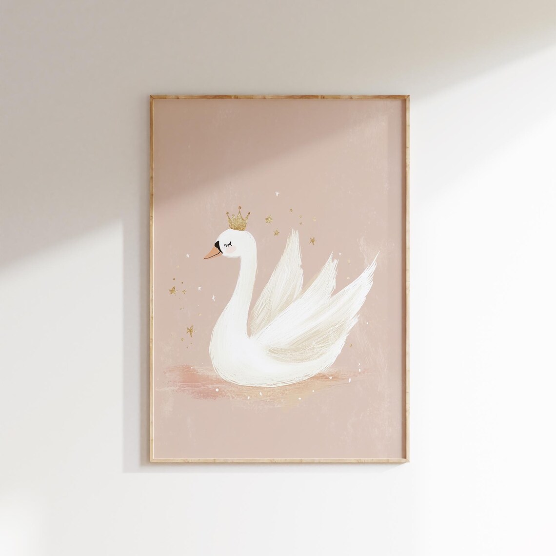 Princess Swan Gold Crown Watercolor Pink Nursery Girls Room Wall Art - Image 2