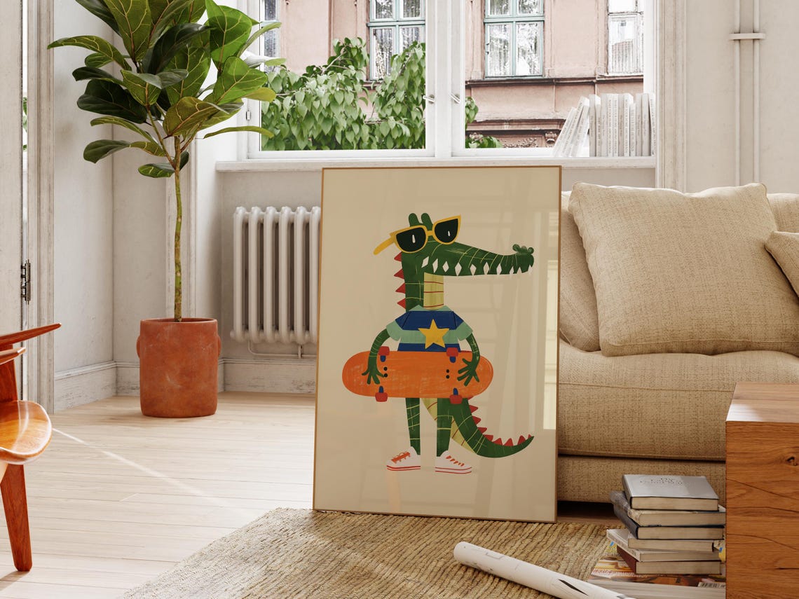 Be Cool Crocodile Skateboard Print Kids Room Wall Art Eclectic Animal Nursery Decor Playroom Prints Colorful