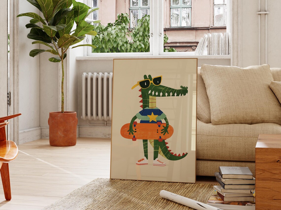 Cool Crocodile With Skateboard Sunglasses Kids Room Animal Poster
