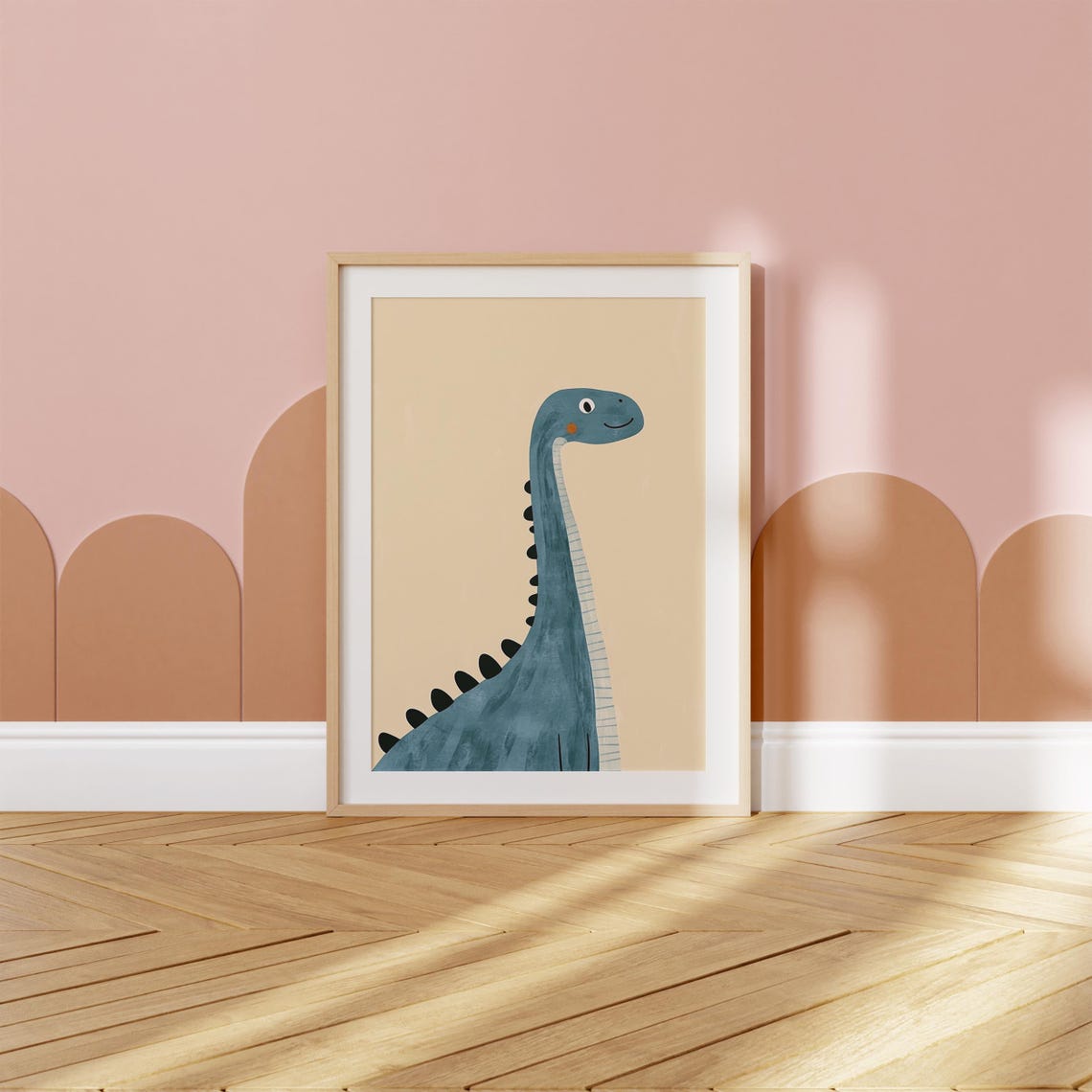 Blue Long Neck Dinosaur Smiling Portrait Kids Dino Art Poster - Image 2