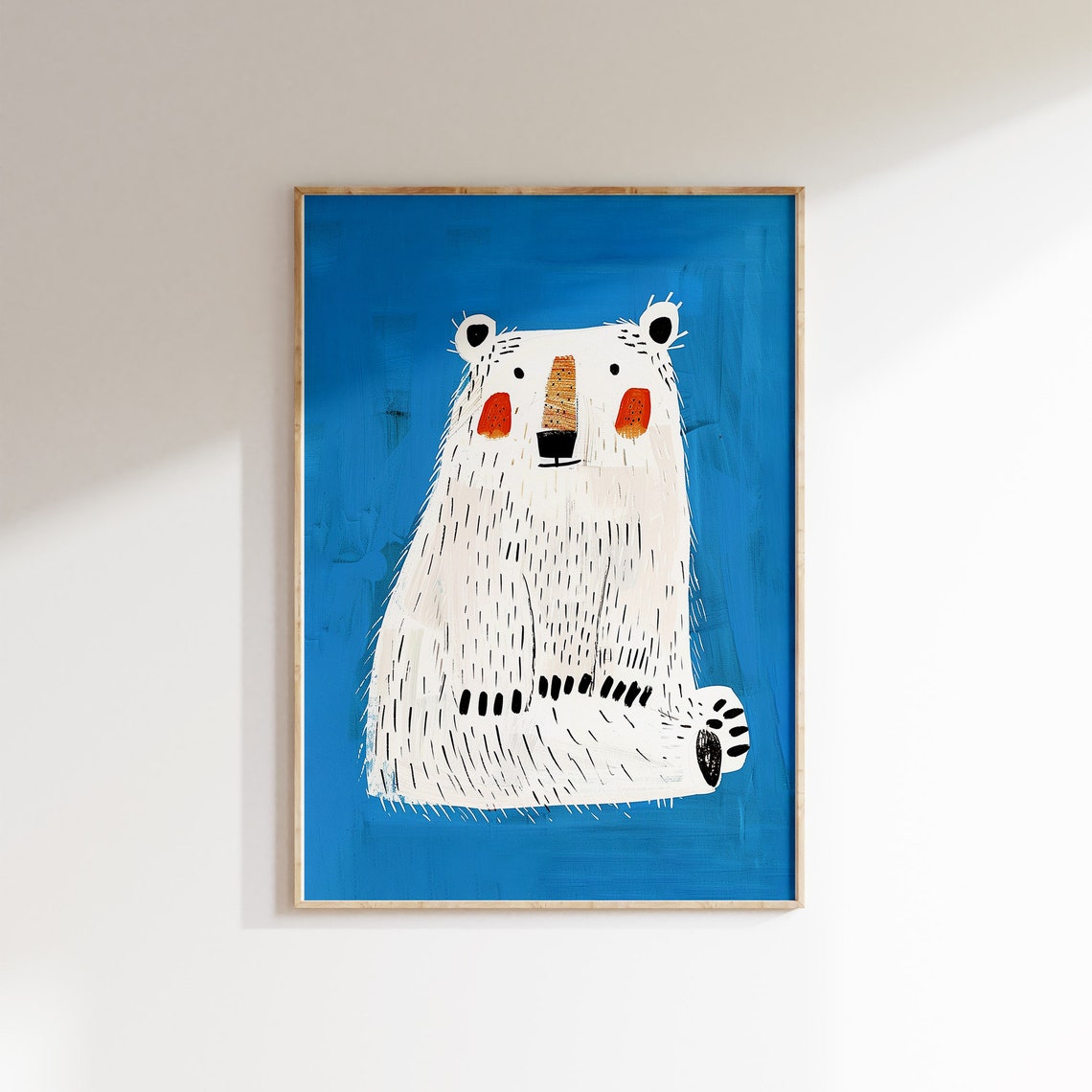 Cute Polar Bear Art Poster for Kids Room on Bright Blue Style